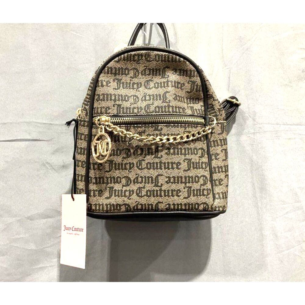 NWT Juicy Couture Gothic Logo Signature Print Mini Backpack Purse Brown Khaki
